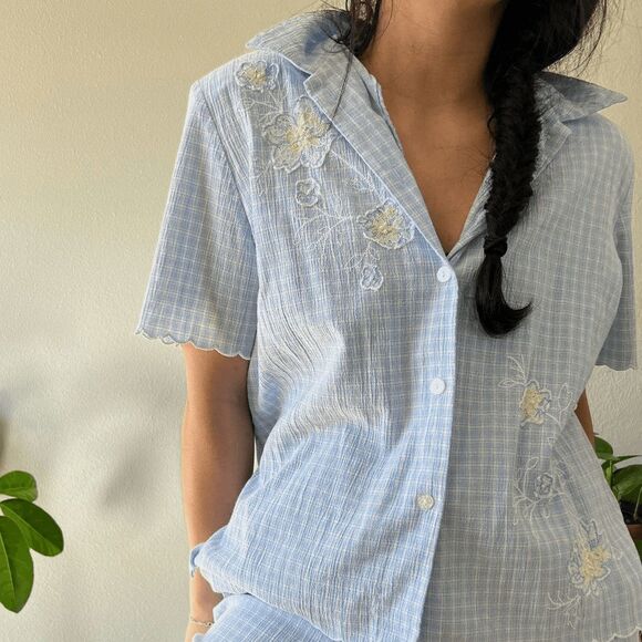 vtg 80s light blue gingham pant suit checked capris‎ button shirt down Medium - Picture 8 of 9